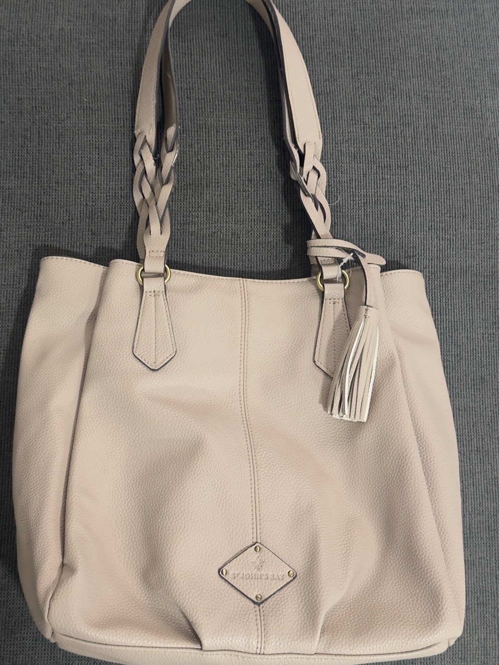St. John's Bay Light Cream Leather Tote with Braided Straps and Tassel